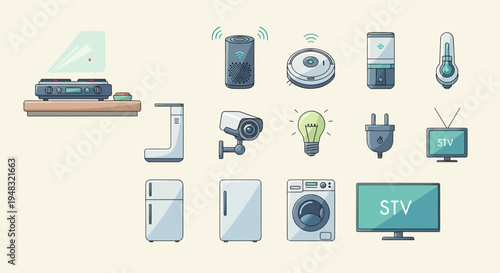 Collection of modern home appliances and smart devices