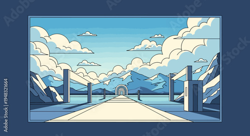 Stylized landscape with a straight road leading to an arched tunnel
