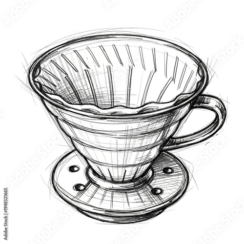 Hand-drawn sketch of a pour-over coffee dripper with filter