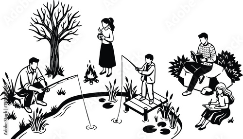 Line art vector of father fishing and boy on pier woman holding mug reader and artist near campfire by tree