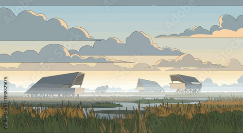 Structures in a marsh at dusk, with clouds overhead