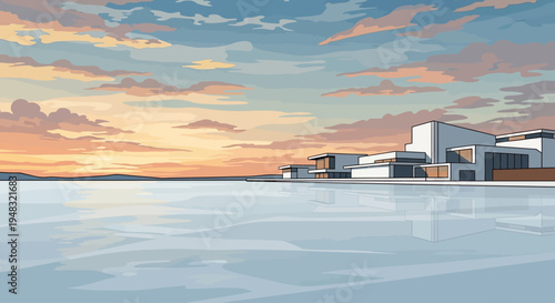 Modern homes line a tranquil bay under a pastel sunset sky, reflected in the water