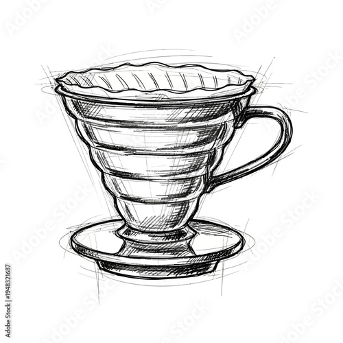 Hand-drawn sketch of a pour-over coffee dripper