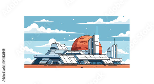 Futuristic structures stand on an orange landscape beneath a blue sky