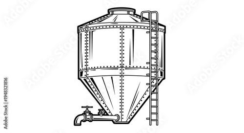 Detailed illustration of a conical tank with ladder and valve.
