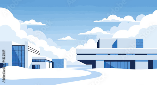 Minimalist modern buildings amidst a cloudy blue sky and snow-covered landscape