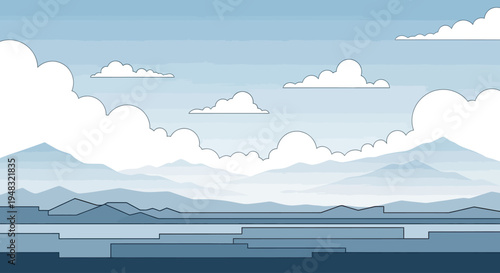 Stylized layered landscape with blue mountains, flat plains, and white clouds