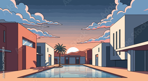 Modern architecture surrounds a tranquil pool at dusk with sunset clouds