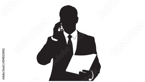 Businessman silhouette talking on a mobile phone and holding a document isolated on white background