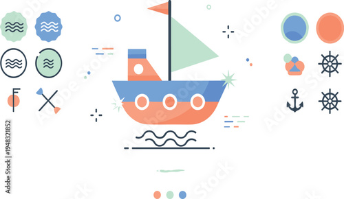Minimalist Sailboat with Nautical Icons, Waves, and Anchors for Marine, Sailing, and Water Adventure Designs.