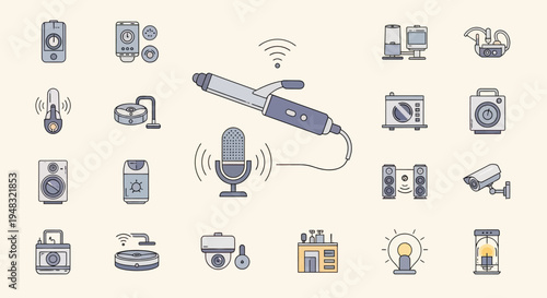 A collection of illustrated electronic devices, featuring smart home technology, audio, and security items