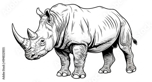 Detailed Line Art Depiction of a Majestic Rhinoceros.