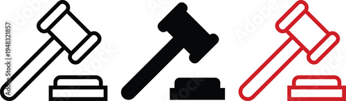 A set of gavel icons in different colors and styles on a white background
