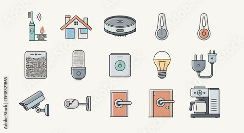 Smart home devices and appliances tooth brush, house, robot, thermometers, phone, mic, device, bulb, plug, cameras, doors, coffeemaker