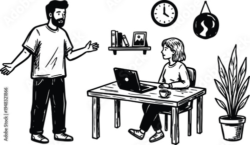 Line art hand drawn office scene showing bearded man talking to woman typing on laptop at wooden desk with plant
