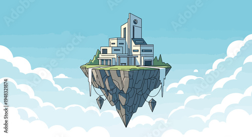 A modernist house sits atop a jagged floating island with waterfalls