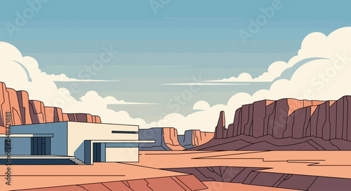 Modern desert dwelling overlooks rugged canyons under a vast, cloudy sky