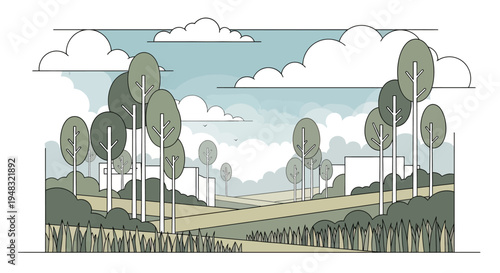 Stylized landscape with trees, clouds, and geometric buildings