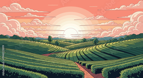 Rolling green fields under a vibrant sunset sky with puffy clouds