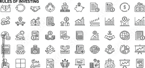 Rules of Investing Icon Set Featuring Financial Planning, Stock Market Growth, Money Management, Investment Strategy, Banking, and Business Finance Line Vector Icons