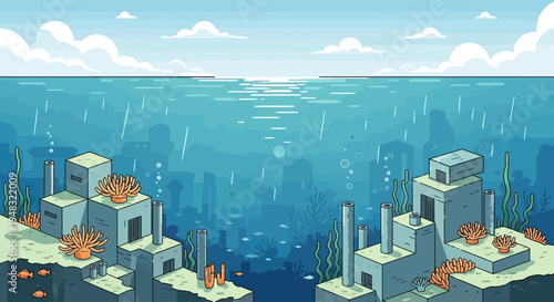 Underwater city with coral, fish, and sky with clouds