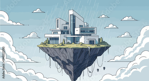 Modern floating island home under rainy skies