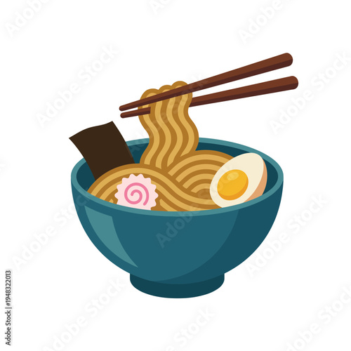 A steaming bowl of ramen featuring noodles topped with egg, fish cake, and seaweed, paired with wooden chopsticks, capturing the essence of savory Japanese cuisine vibrantly.