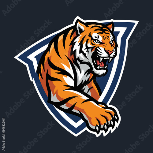 A fierce and striking tiger roaring while lunging forward in an eye-catching graphic style, set within a protective emblem that conveys strength and ferocity.