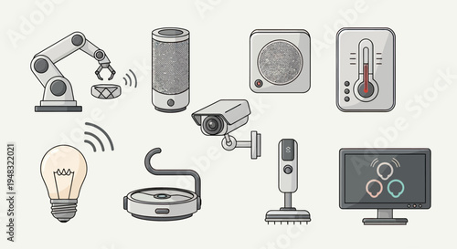 Smart home devices robot arm, speaker, camera, thermometer, bulb, router, vacuum