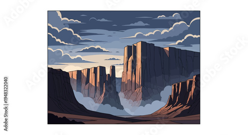 Dramatic canyon landscape with towering cliffs, misty depths, and cloudy sky