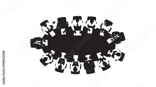 Top view of business team sitting at a round conference table for a board meeting isolated on white background