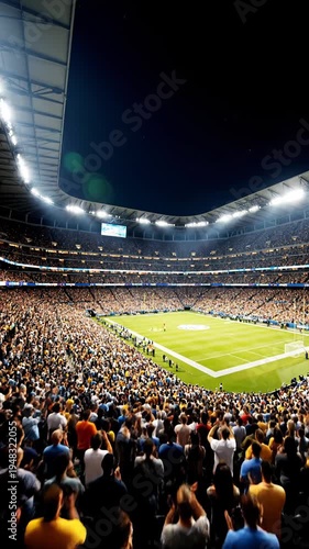 Crowd of enthusiastic fans cheering and raising hands in a large stadium during a night sports event, with bright lights illuminating the field and stands