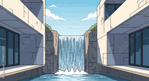 Cascading waterfall between modern structures under a cloudy sky