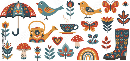 Scandinavian Folk Art Autumn Elements Set with Birds, Flowers, Umbrella, Mushrooms, Rainbow and Decorative Boots in Nordic Style Illustration