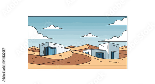 Modern structures rise from desert dunes under a cloudy blue sky