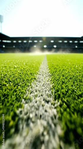 Close-up view of a green soccer field with a white line marking the center, stadium lights and blurred audience visible in the background during a sunny day