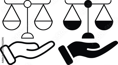 A graphic illustration of balance scales and hands representing justice and equality.