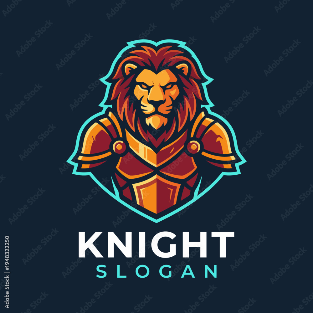 Fototapeta premium A fierce knight logo showcasing a lion, symbolizing bravery and strength, perfect for sports teams, gaming, or character development in various branding concepts.