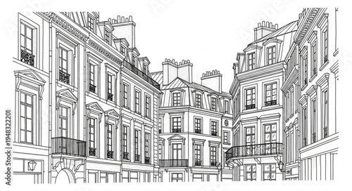 Detailed Architectural Sketch of Parisian Buildings in a Courtyard.
