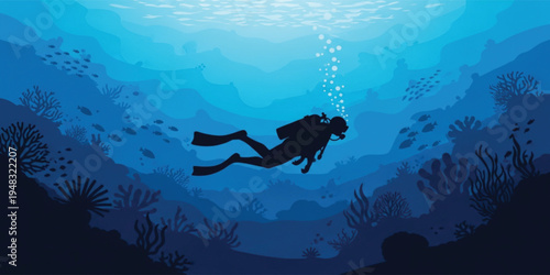 Scuba Diver Exploring Deep Blue Ocean Underwater Scene with Coral Reef Marine Life Silhouette Illustration for Adventure, Travel, and Sea Exploration Design
