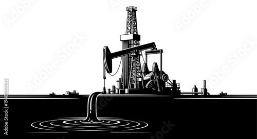 Oil drilling rig with oil spill, environmental impact illustration.