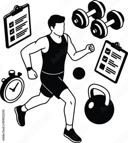 Line art male runner performing interval training with stopwatch kettlebell and dumbbells surrounding checklist fitness icons in minimalist composition energetic