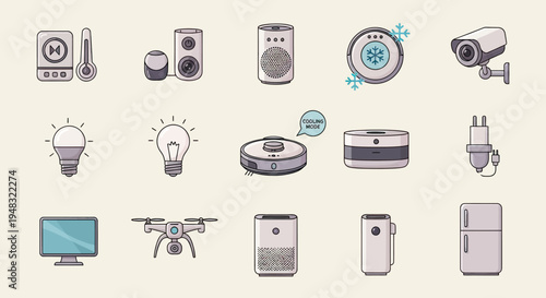 Various smart home devices, appliances, and electronics are illustrated