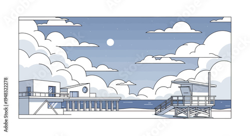 Serene coastal scene with modern structures and a full moon at twilight