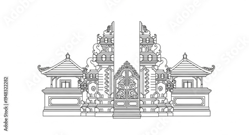 Elaborate Balinese Gate Illustration - A Detailed Architectural Drawing.