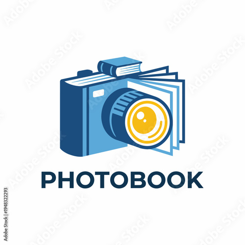 This modern logo features a camera intertwined with a photobook, representing creativity and memories, ideal for a photography or photo publishing business.
