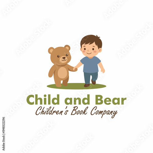 This charming logo showcases a joyful child holding a bear's hand, symbolizing friendship and imagination, making it perfect for a children's book publishing company.
