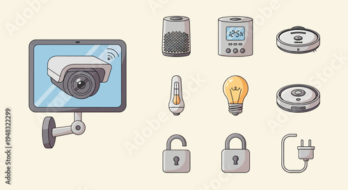 Icons of smart home devices, including a security camera and a light bulb