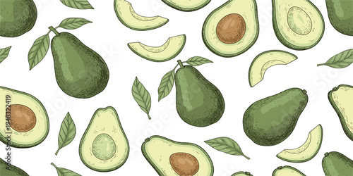 Seamless Avocado Pattern with Whole and Sliced Fruits and Leaves, Fresh Organic Healthy Food Background for Textile, Packaging, Wallpaper Vector Illustration