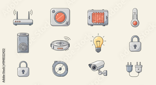 Smart home device icons router, camera, heater, thermometer, speaker, robot